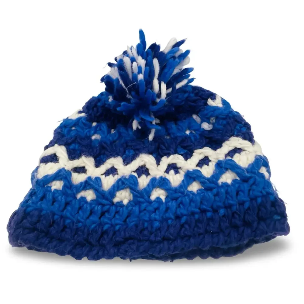 LL Bean Kids Medium Beanie Hat Blue Purple Knit Pom Fleece Lined Winter Ski Cap